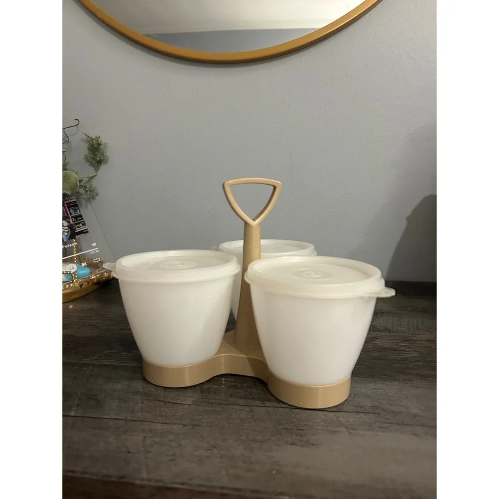 Vintage Tupperware Condiment Server Caddy 3 Containers with Lids Tan White 757-4